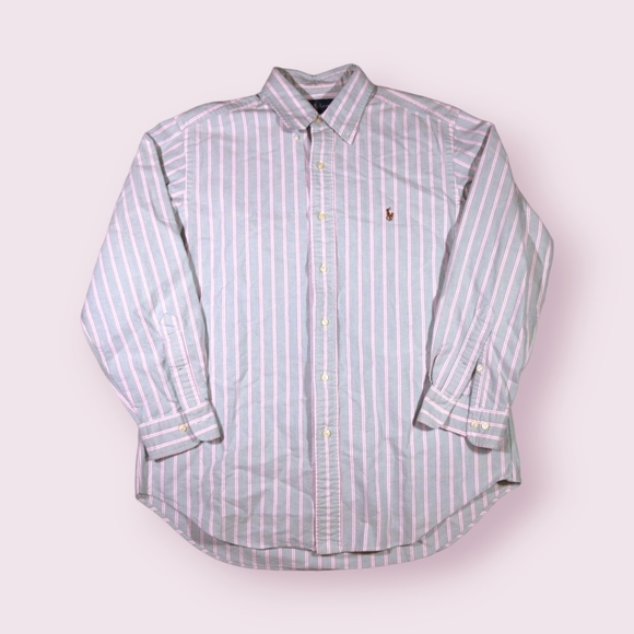 Polo Ralph Lauren Thick Button Up Down Front White Shirt Teal Strip Size 16 - 32 - Picture 1 of 8